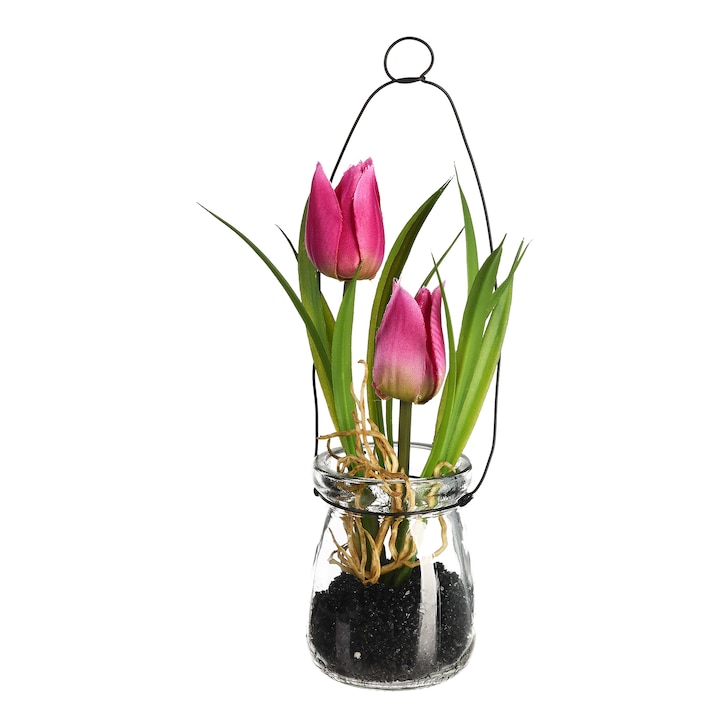 Kunstblume Tulpe in Glasvase mit Metallhänger