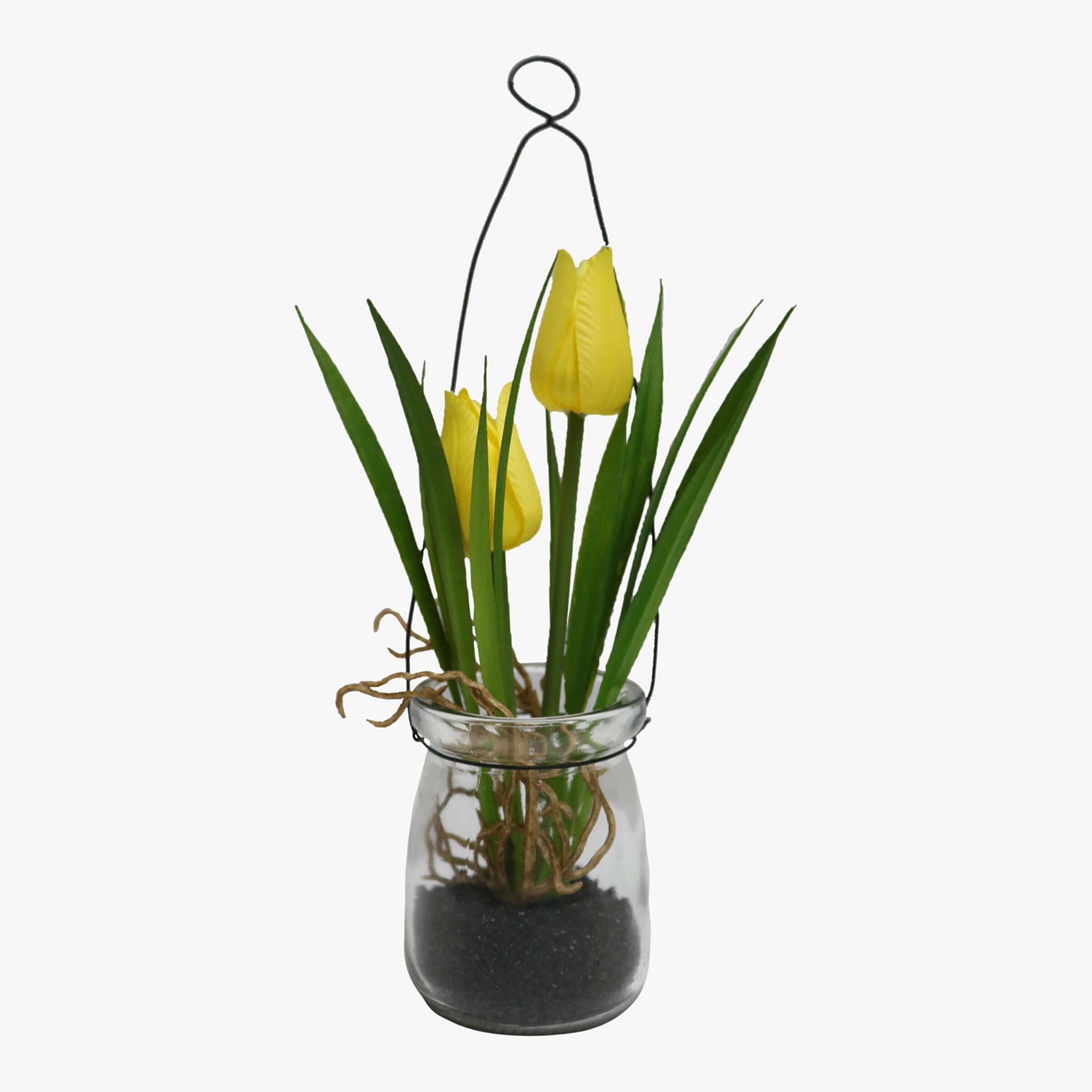 Fleur artificielle tulipe dans vase en verre avec pendentif en métal