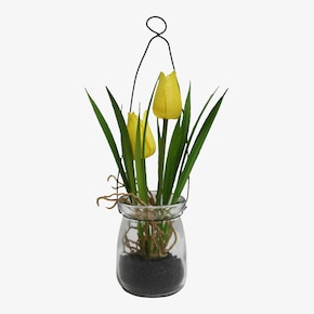 Umelý kvet Tulipán v sklenenej váze s kovovým závesom