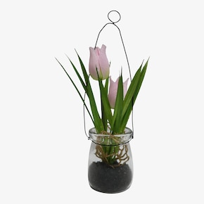 Umelý kvet Tulipán v sklenenej váze s kovovým závesom
