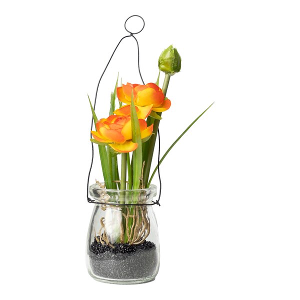 Kunstblume Ranunkel in Glasvase mit Metallhänger, orange