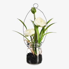 Fleur artificielle renoncule dans vase en verre avec pendentif en métal